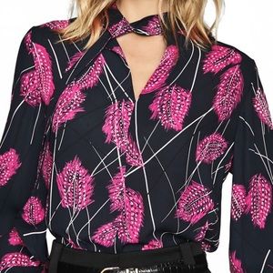 REISS Lily Feather Print Tie Neck Blouse